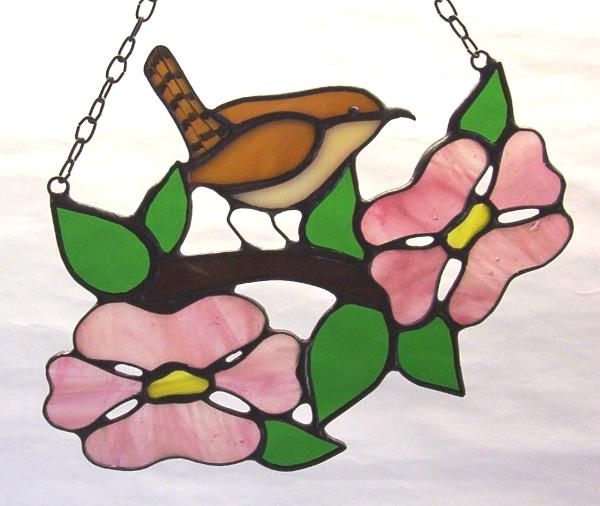 House Wren in Pink Dogwood Suncatcher